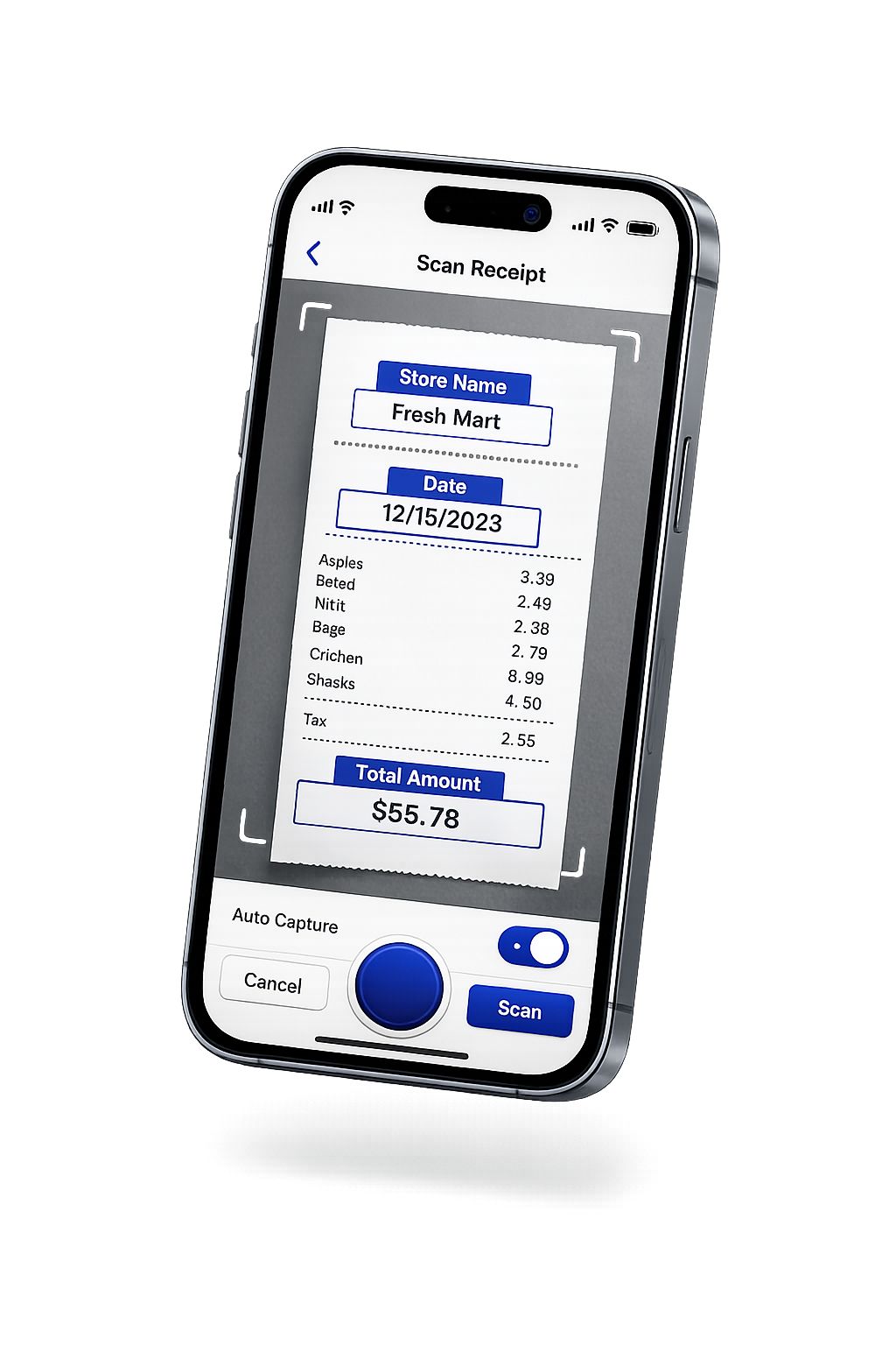 Berkira capturing a receipt with extracted merchant, date, and amount fields
