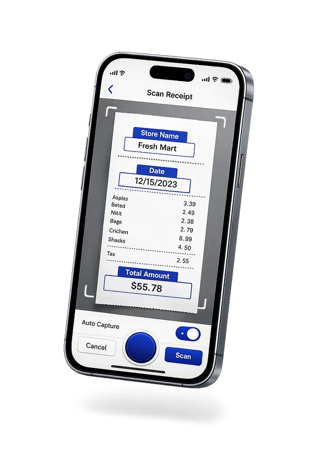 Berkira capturing a receipt with extracted merchant, date, and amount fields