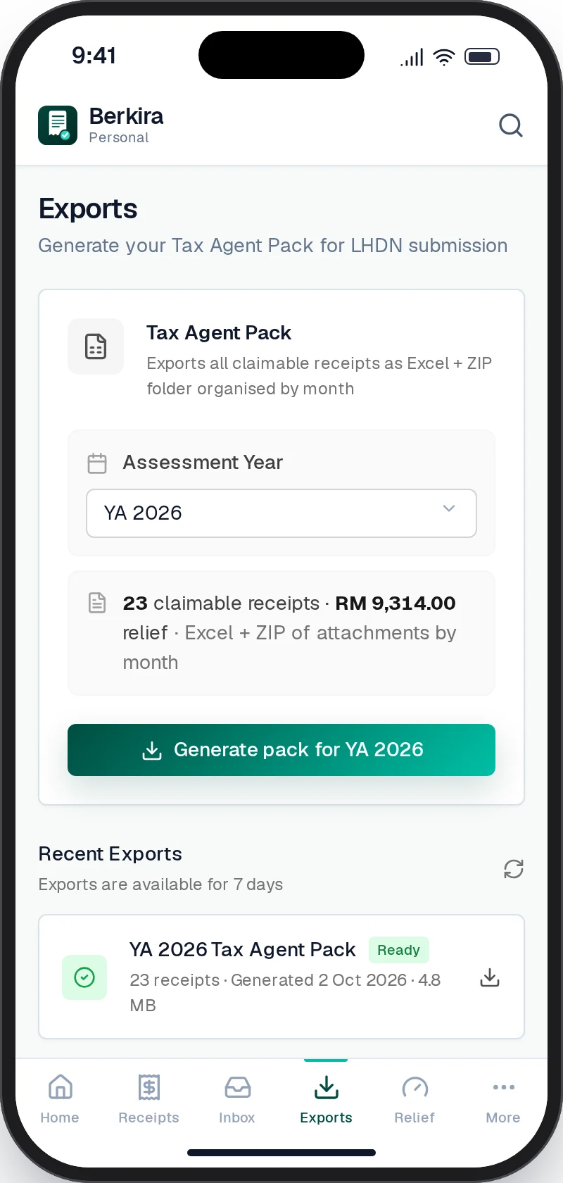 Berkira Exports screen generating the YA 2026 Tax Agent Pack