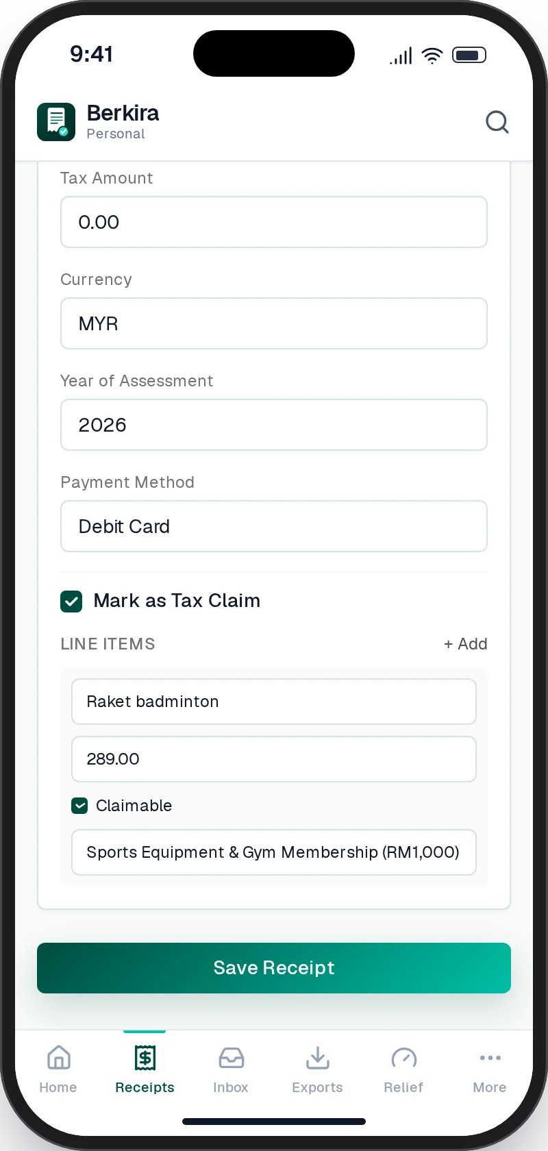 Berkira Add Receipt screen with the sample receipt's fields filled in and marked as a tax claim