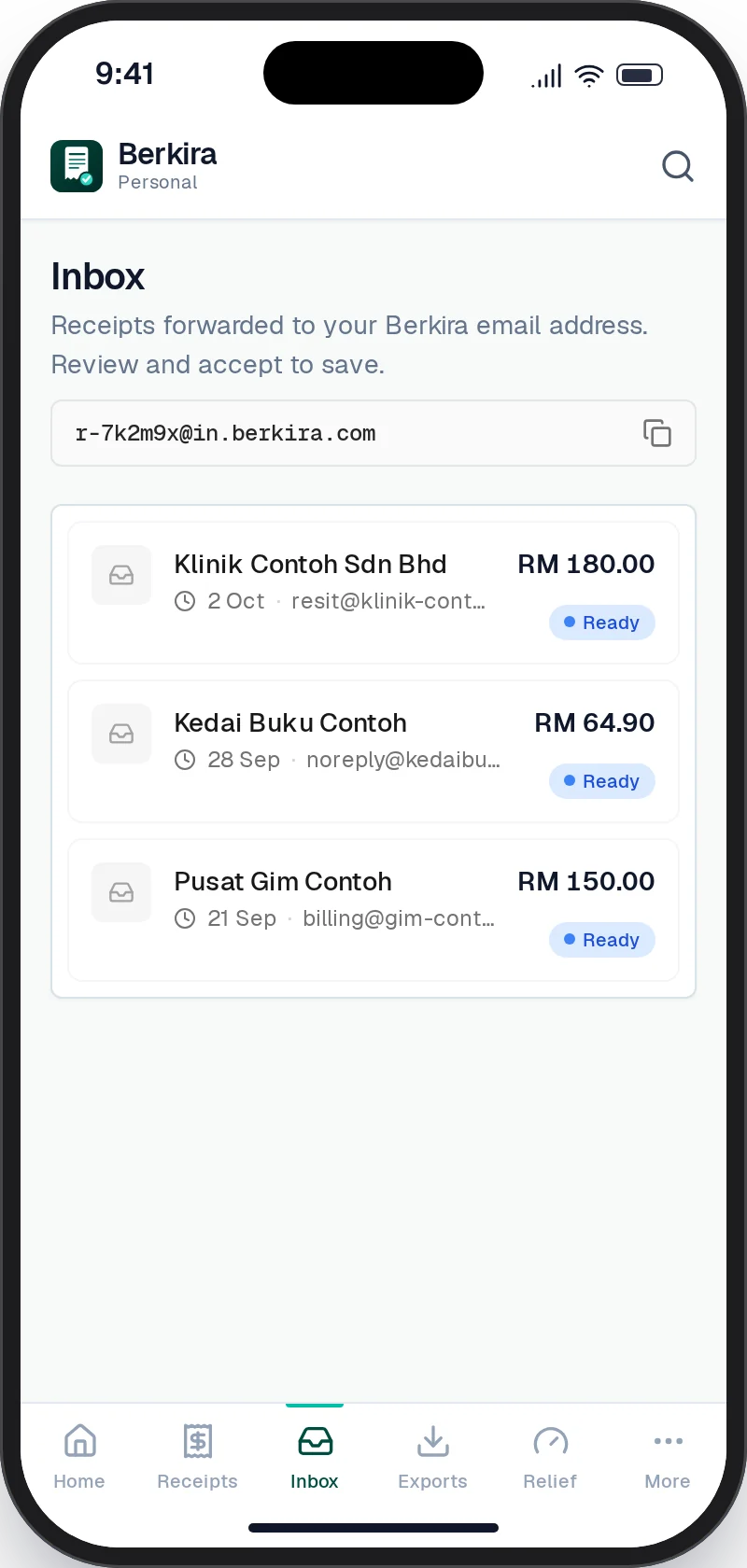 Berkira Inbox listing three forwarded receipts, each ready to accept