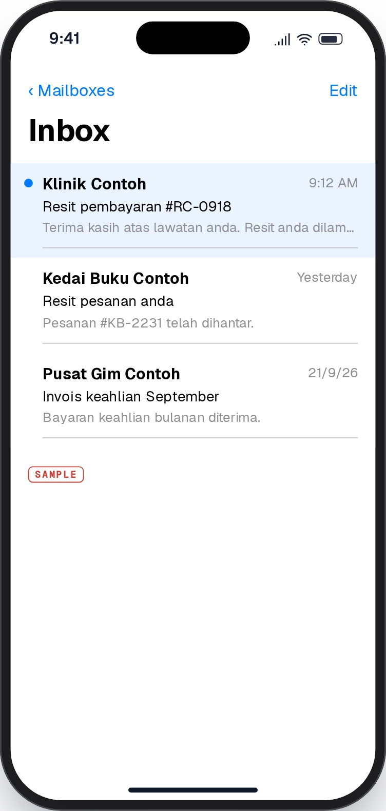 A mail app inbox with receipts from a clinic, a bookshop and a gym