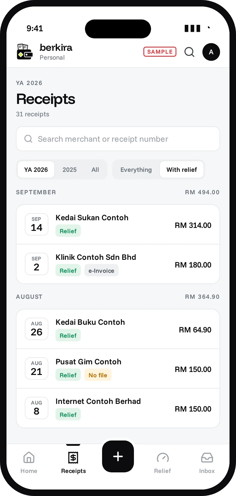 Sample Berkira Receipts screen, receipts grouped by month with relief tags