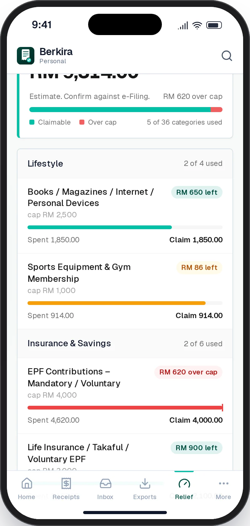 Berkira Relief screen with spending bars per relief line and the amount left under each cap